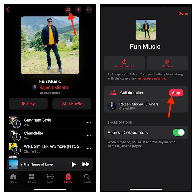 Stop Collaboration in Apple Music Playlist on iPhone and iPad 