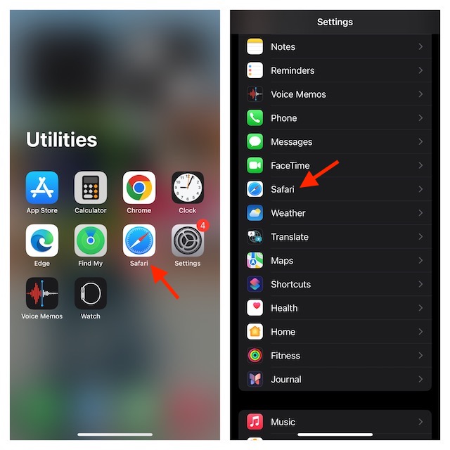 Choose Safari in iPhone settings
