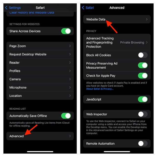 Choose website data in Safari settings on iPhone and iPad