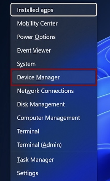 Choose device manager in Quick Links menu on Windows 11