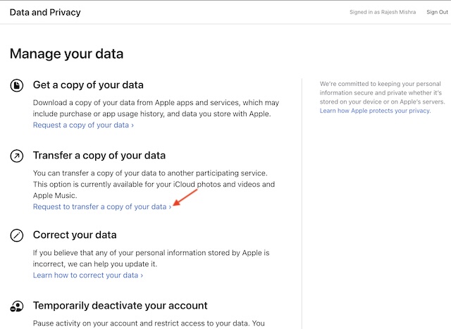 process to transfer a copy of your Apple Music data