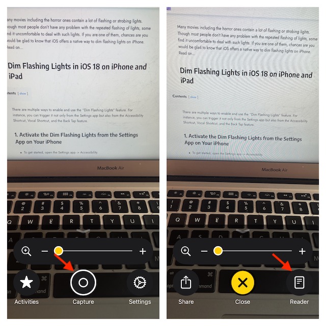 tap on the reader mode icon in the Magnifier app on iPhone